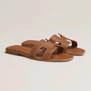 Hermes Brown Leather Oran Slide Sandals